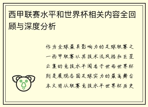 西甲联赛水平和世界杯相关内容全回顾与深度分析