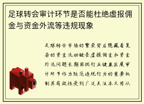 足球转会审计环节是否能杜绝虚报佣金与资金外流等违规现象