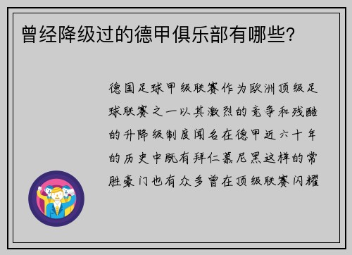 曾经降级过的德甲俱乐部有哪些？